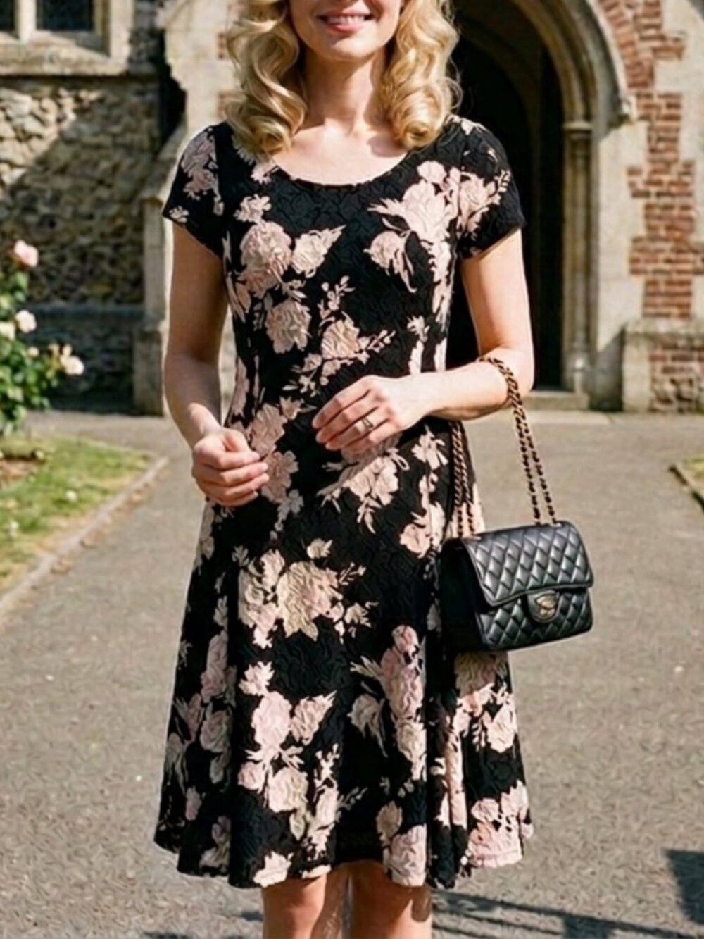 LRL Lauren Ralph Lauren Black Floral Lace Midi Dress Petite Medium Lined Stretch